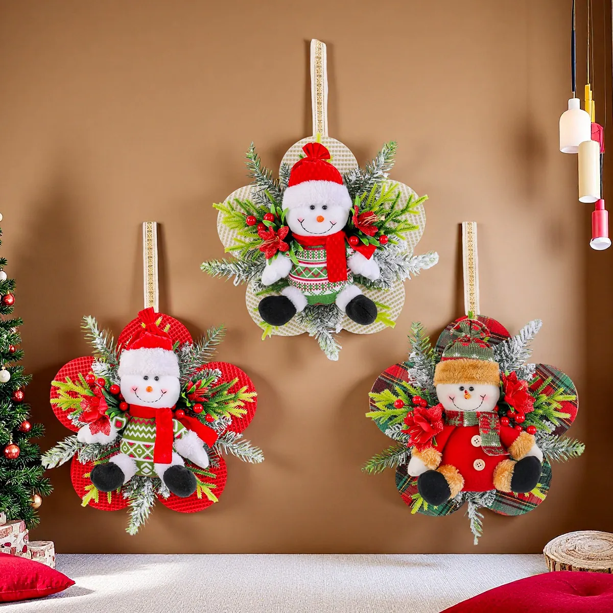 Décoration de Noël Bonhomme de Neige Père Noël Ornement Suspendu Tissu Peluche Déco de Table Murale Pendentifs de Fêtes