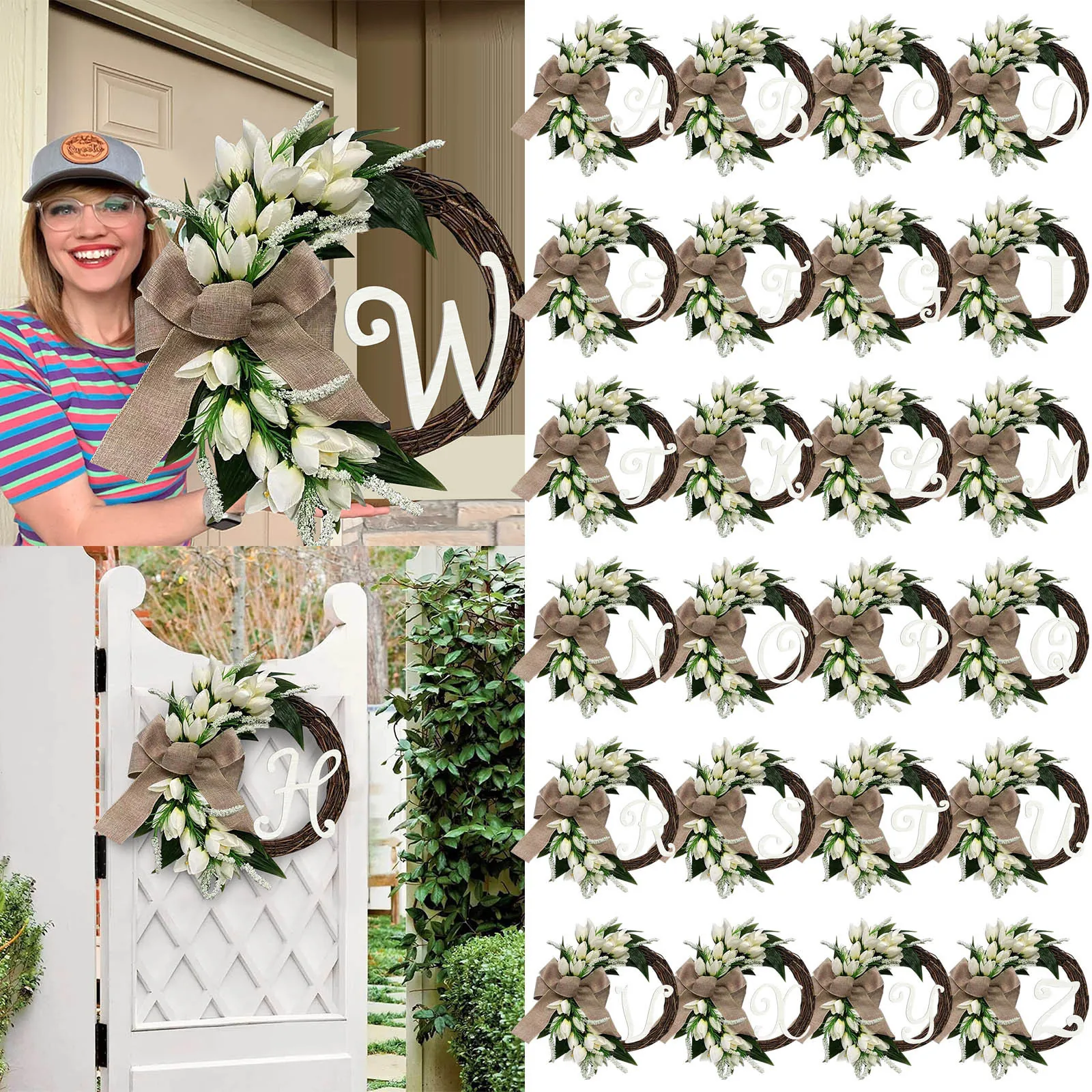 Kunstmatige Witte Tulp Alfabet Krans Decoratieve Voordeur Hangen Jute Strik Natuurlijke Wijnstok Ring Muur Venster Decor