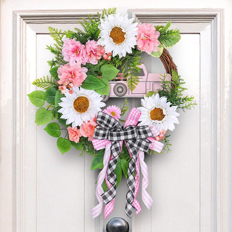 Ghirlanda Natalizia con Camion Rosa Porta D'ingresso Girasole Fiocco Plaid Decorazione per Casa Centro Commerciale Vetrina