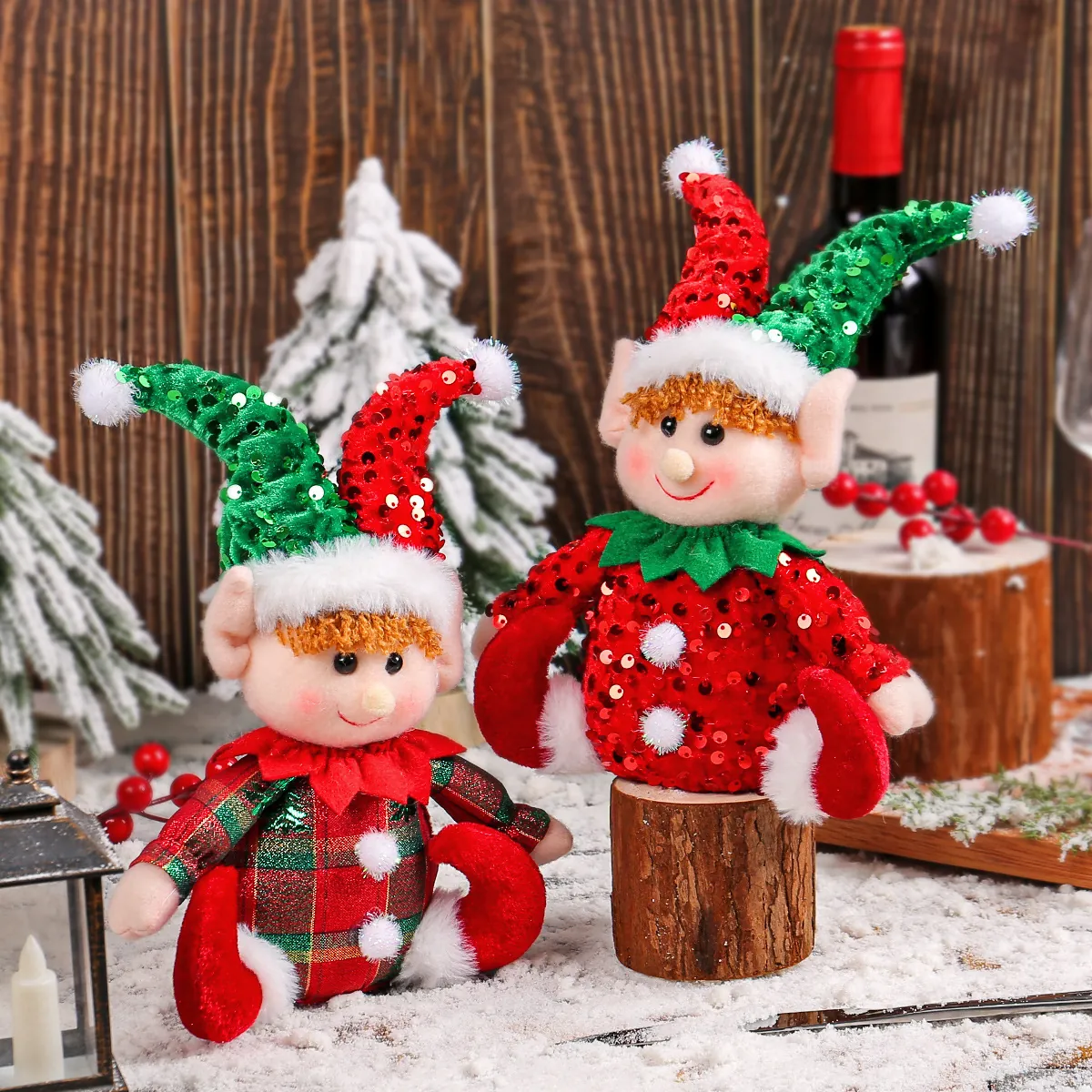 Cute Christmas Elf Sitting Doll Ornament With Sequin Hat Plaid Body Rudolph Figurine For Festive Home Window Display Decor