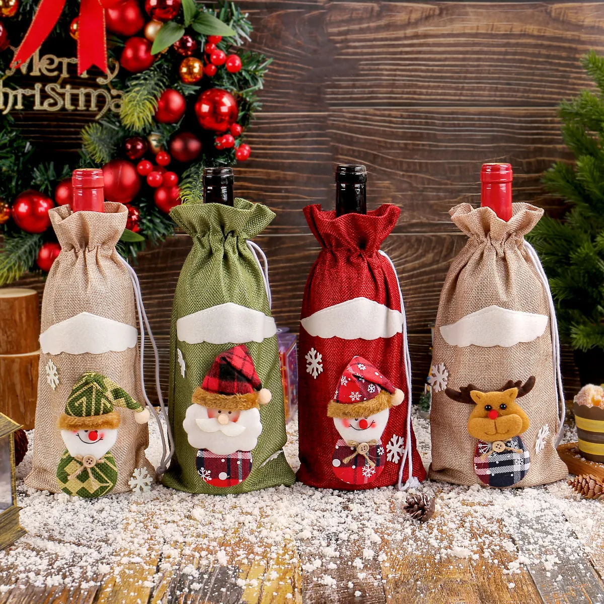 3D Cartoon Santa Snowman Reindeer Wine Bottle Cover Linen Fabric Drawstring Gift Bag For Christmas Party Table Decoration Home Decor Festive Supplies