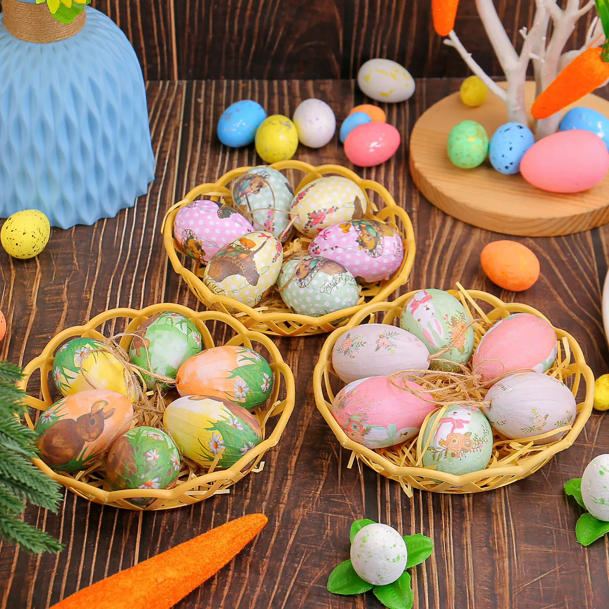 Easter Decoration Set Foam Hanging Eggs With Woven Basket Bunny Butterfly Floral Pattern For Holiday Party Home Decor Ornaments