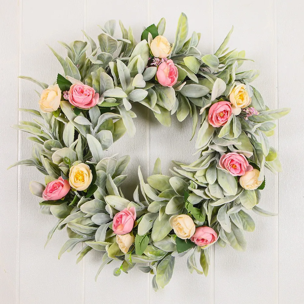 Handmade Artificial Lambs Ear Wreath With Pink Roses Silk Flowers For Front Door Decor Rustic Summer Easter Wall Hanging