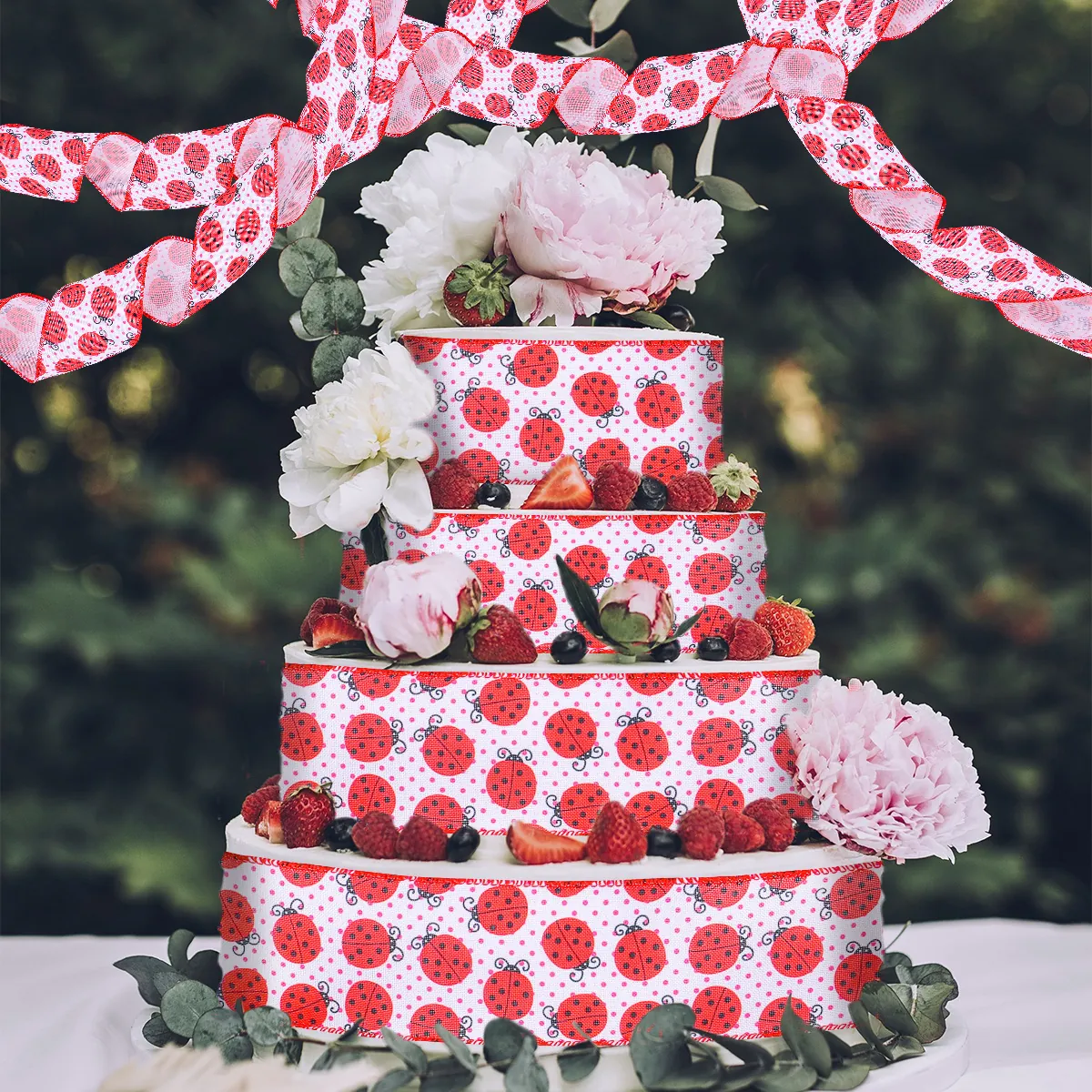 Wired Edge Ladybug Ribbon Red Black Polka Dot Polyester Fabric For Gift Wrapping DIY Crafts Party Atmosphere Layout