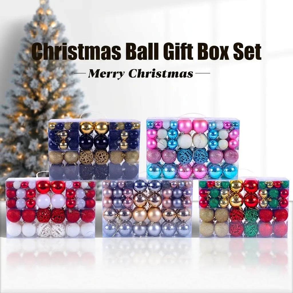 Plastic Christmas Ball Ornaments Gift Box Set Shatterproof Assorted Colors Mirror Matte Glitter Hollow Christmas Tree Decorations