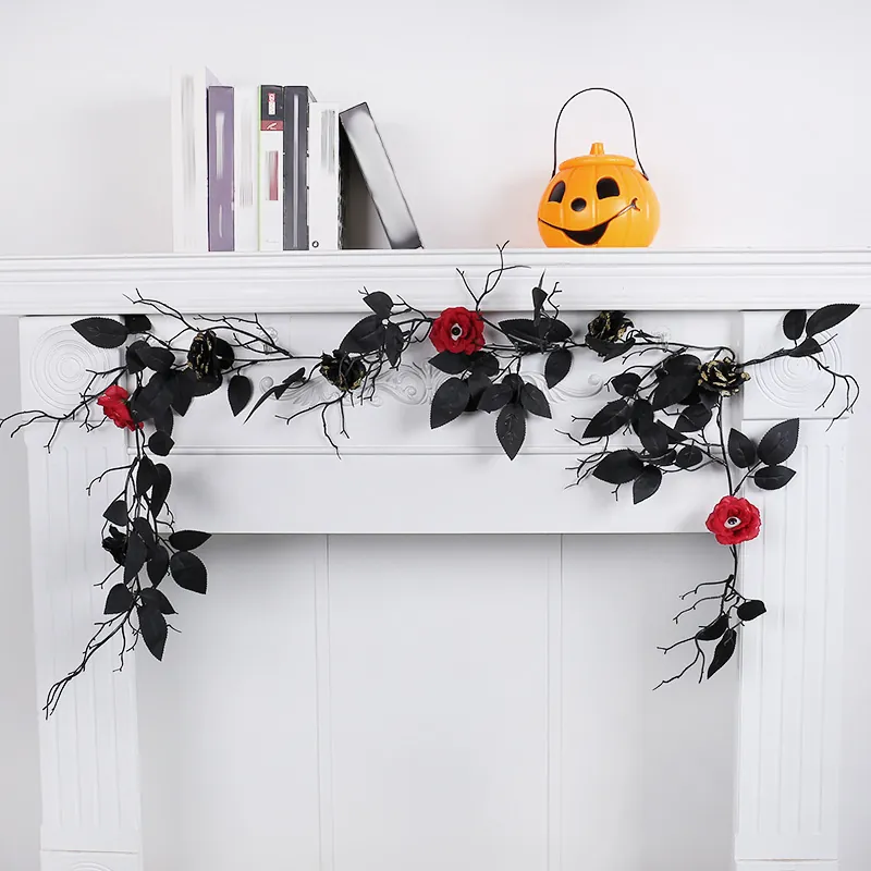 Halloween Black Vine Garland Decoration Artificial Black Leaves Red Rose With Eyeball Gothic Spooky Ghost Festival Prop