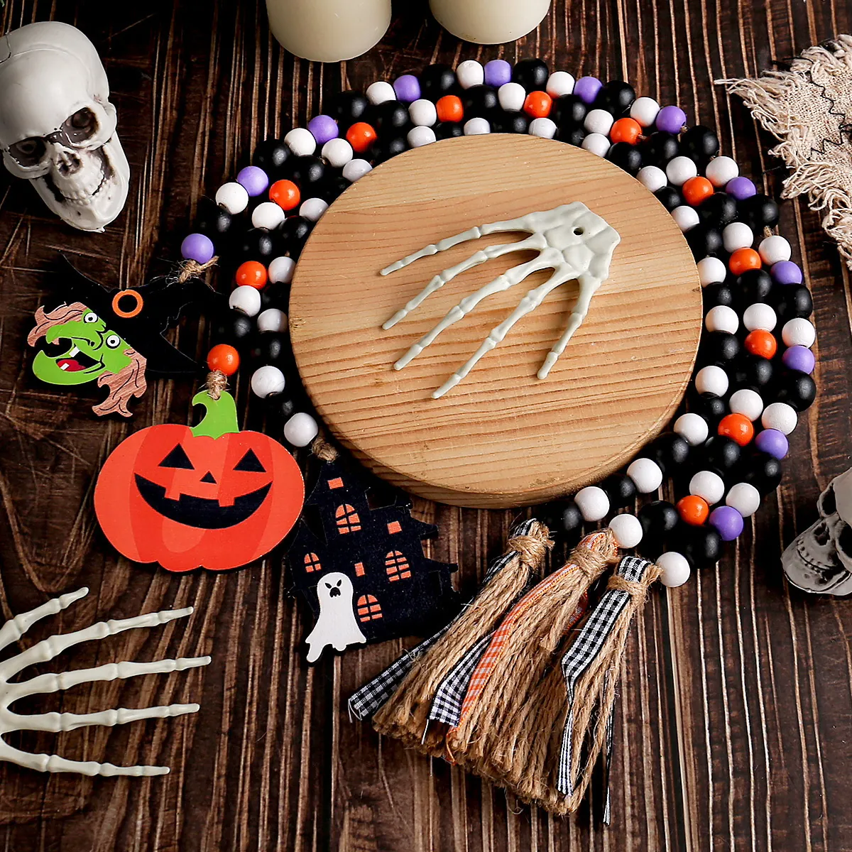 Guirlande de Perles en Bois d'Halloween Avec Gland Ornement Suspendu Rustique Sorcière Citrouille Château Fantôme Décor