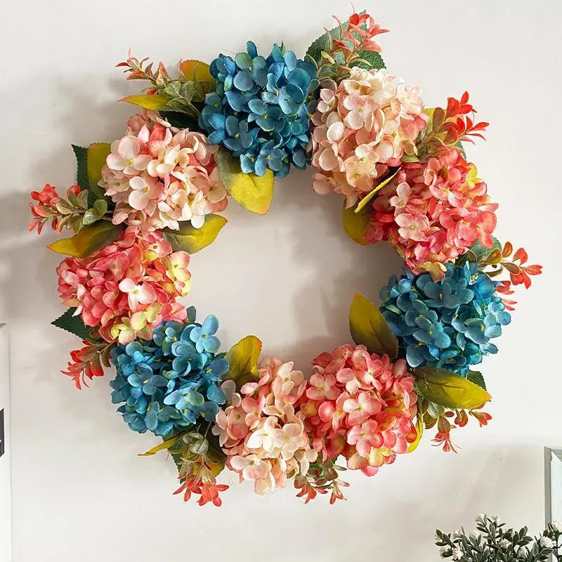 Blue Pink Artificial Hydrangea Wreath Silk Flower Round Garland for Front Door Wall Window Home Wedding Festive Decoration Photography Prop