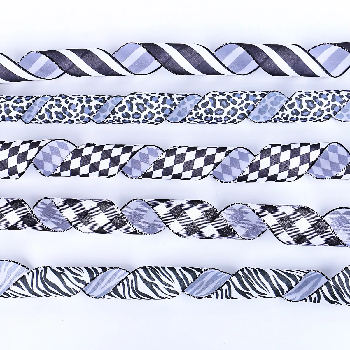 Black and White Striped Ribbon for Cake Box Decoration Floral Gift Wrapping DIY Crafts Zebra Leopard Checkered Argyle Pattern Fabric Wired Ribbon