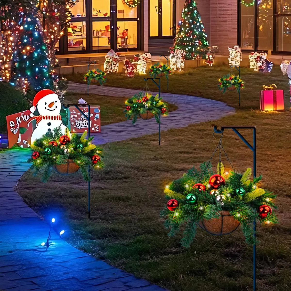 Artificial Christmas Hanging Basket With Warm LED Lights Pine Needles Cones Berries Plastic Metal Ornaments For Home Garden Decor