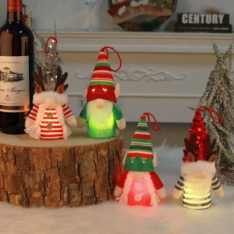 Glowing Christmas Gnome Elf Doll Decoration Faceless Old Man Hanging Ornament Reindeer Antler Sequin Plush Holiday Tree Decor
