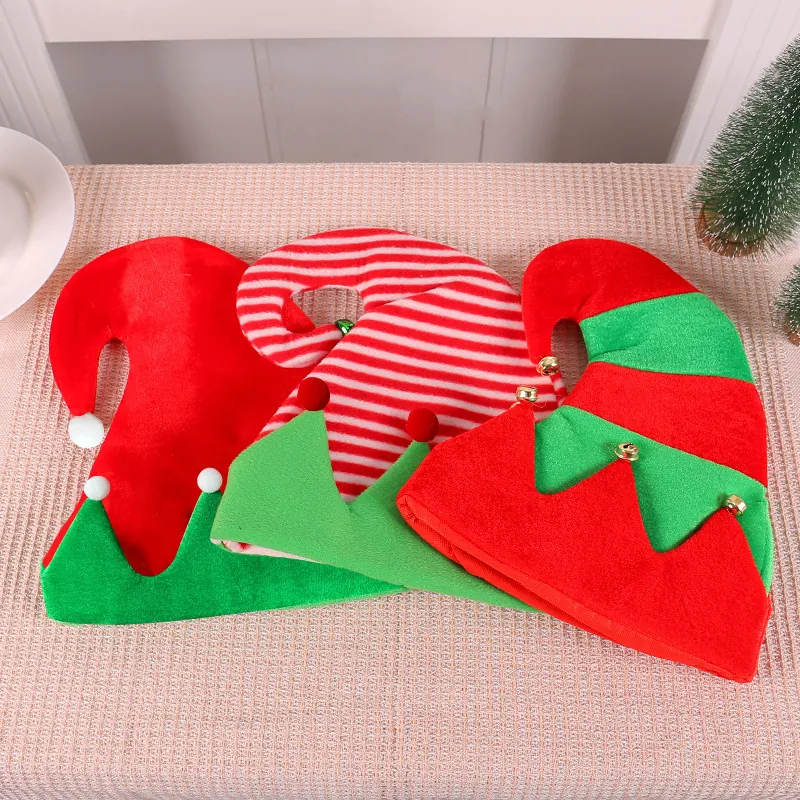 Christmas Elf Hat With Bells And Pom-Poms Striped Splicing Non-Woven Fabric Xmas Party Decoration Hat For Adults Kids