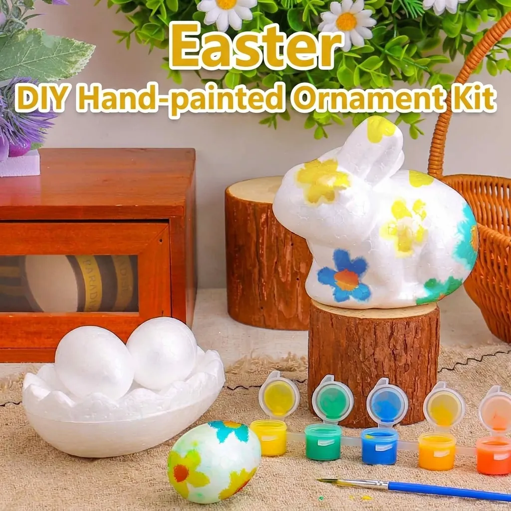 Set di Coniglietti Dipinti a Mano Fai da Te di Pasqua Kit Artigianale in Schiuma Bianca Con Vernice e Pennello Decorazione per Feste per Bambini