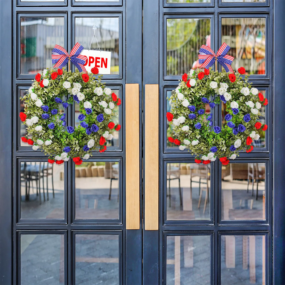 American Independence Day Wreath Patriotic Red White Blue Rose Flower Wreath With Star Spangled Banner Bow Front Door Decor July 4th Memorial Day Decoration