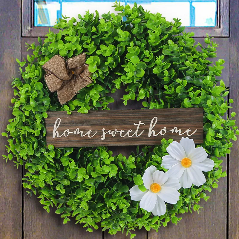 Artificial Boxwood Wreath With Home Sweet Home Sign Farmhouse Front Door Decoration Green Leaf Burlap Bow Daisy Wreath Decor