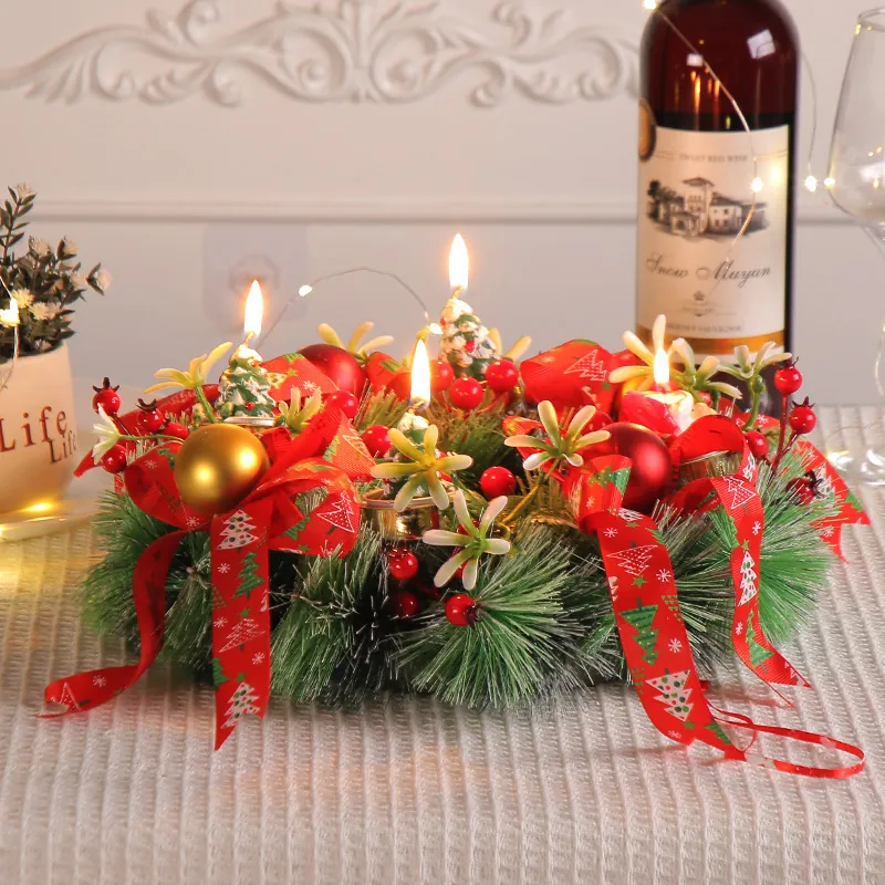 Christmas Candle Holder Wreath Artificial Pine Needle Red Berry Pine Cone Metal Holder Tabletop Centerpiece Decoration Ornament