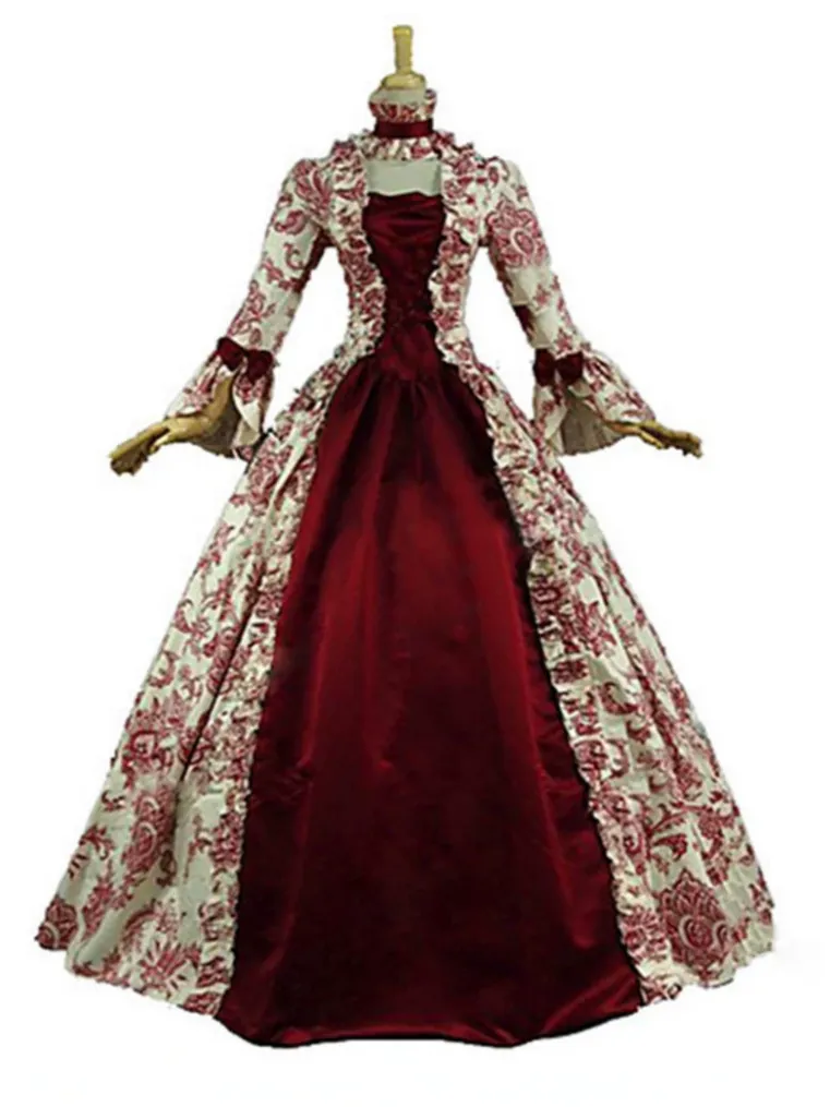 Victorian Medieval Renaissance Court Evening Gown For Women Vintage Long Flare Sleeve Floral Printed Gothic Maxi Dress