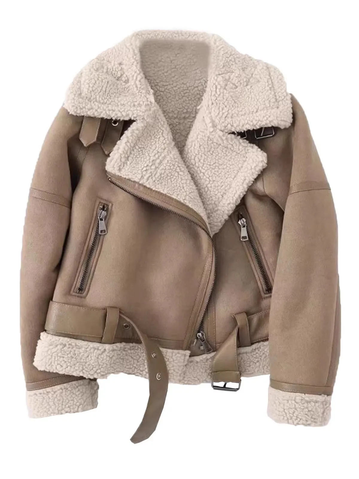 Giacca da Moto Vintage in Pelle Scamosciata da Donna Caldo Cappotto con Revers Foderato in Pile con Cintura Top