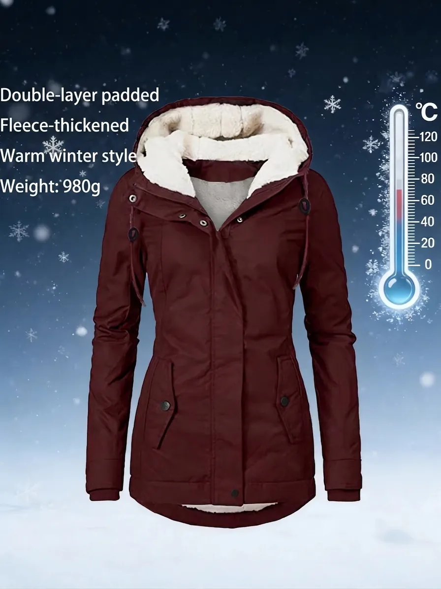Women Mid Length Hooded Padded Coat Winter Warm Parka Jacket Fleece Lined Slim Fit Outerwear Zipper Pockets Casual Overcoat