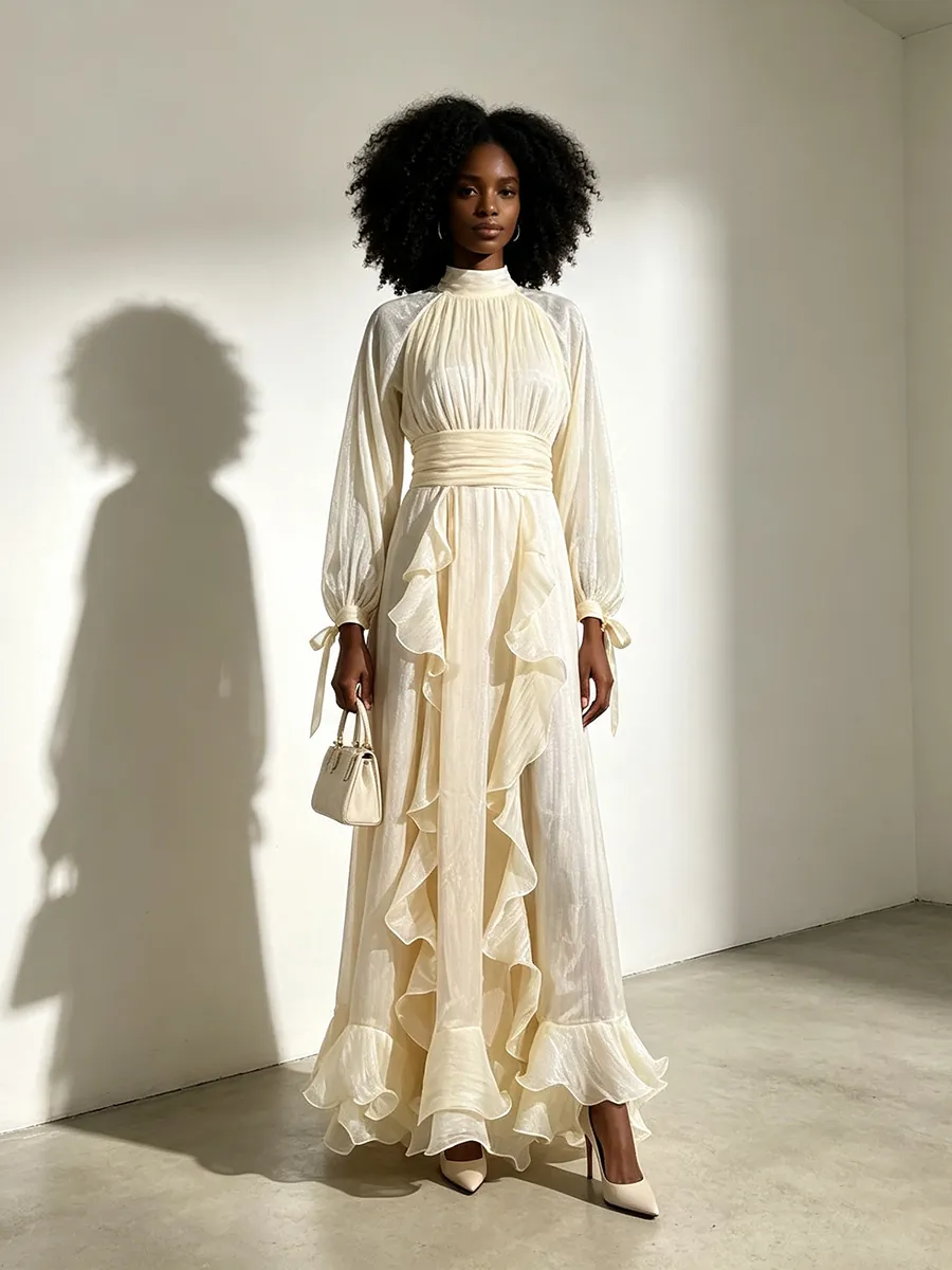 Retro Court Style Stand Collar Lace Up Maxi Dress Women Summer Ruffle Lantern Sleeve Solid Color Polyester Cotton Dress