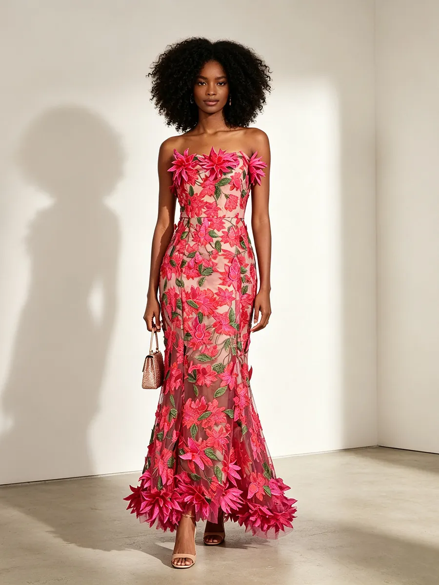 French Vintage Palace Style Strapless Maxi Dress Floral Embroidery Mesh Patchwork Bodycon Evening Party Dress For Women
