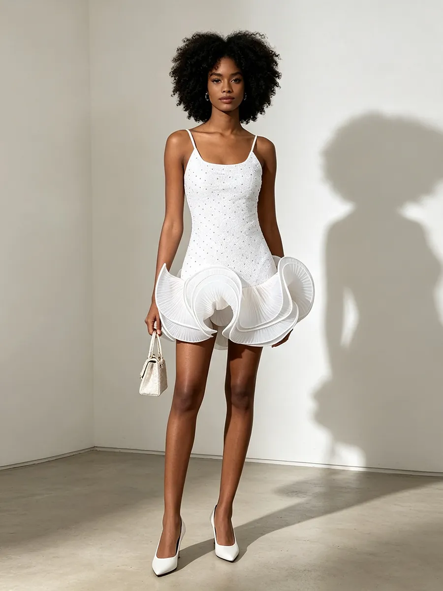 Women French Elegant White Mini Dress Spaghetti Strap Rhinestone Embellished Patchwork Flounce Hem Party Banquet Puff Dress