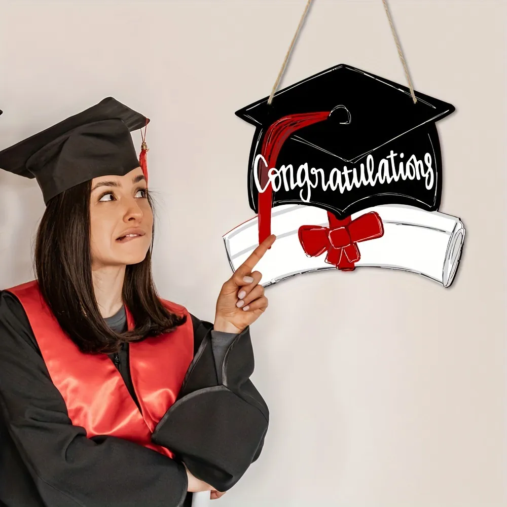 Graduation Wooden Hanging Plaque Mortarboard Diploma Congratulations Sign For Graduation Party Home Window Wall Decoration Gift