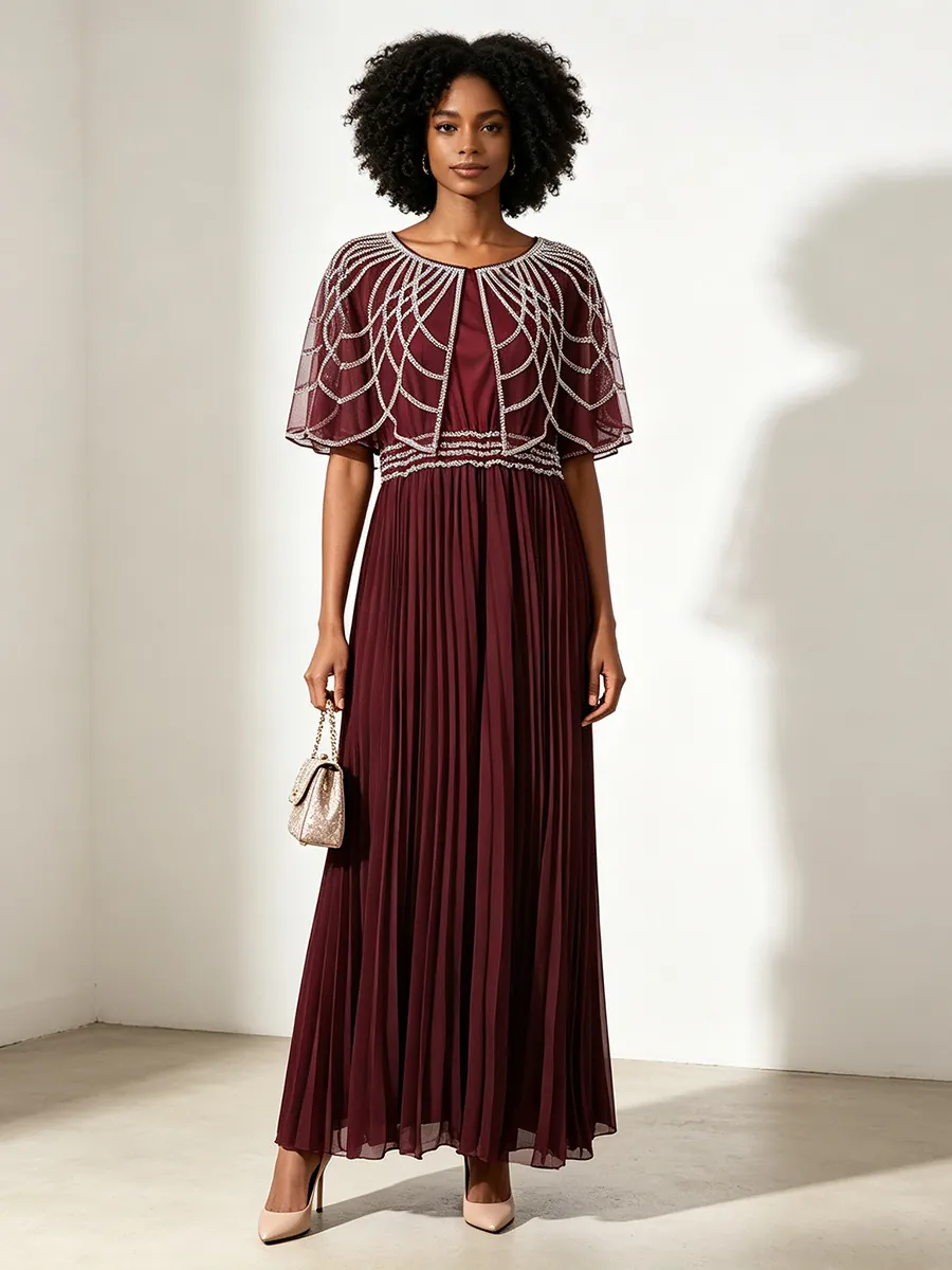 Vestido Maxi Plisado con Capa de Malla de Diamantes de Imitación Rojo Vino Vintage Elegante Vestido de Noche para Mujer