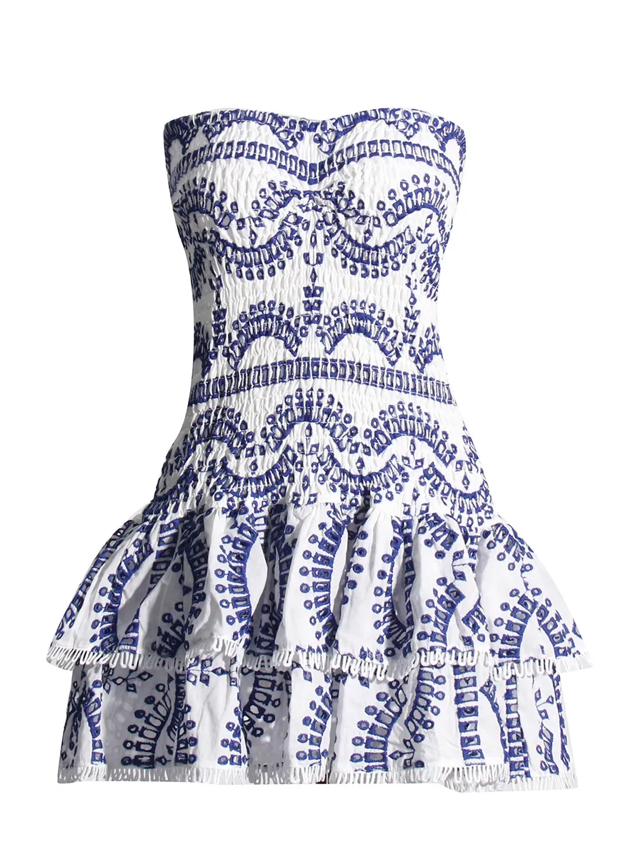Women Sexy Strapless Bohemian Mini Dress Cotton Blend Smocked Slim Fit Ruffle Lace Trim Summer Holiday Beach Party Dress