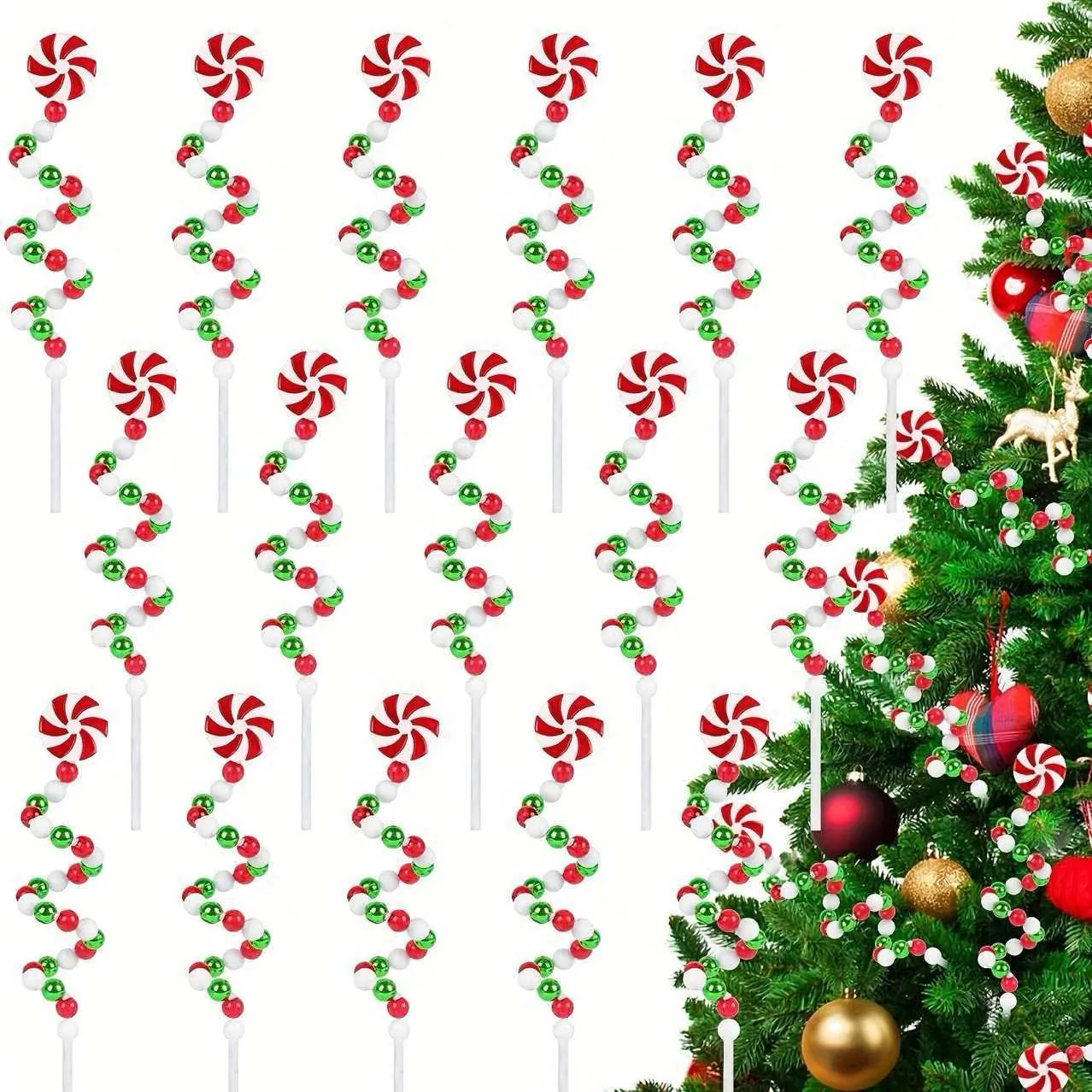 Christmas Spiral Candy Picks Decorative Red White Green Windmill Bells Beads Stems DIY Xmas Tree Hanging Decoration