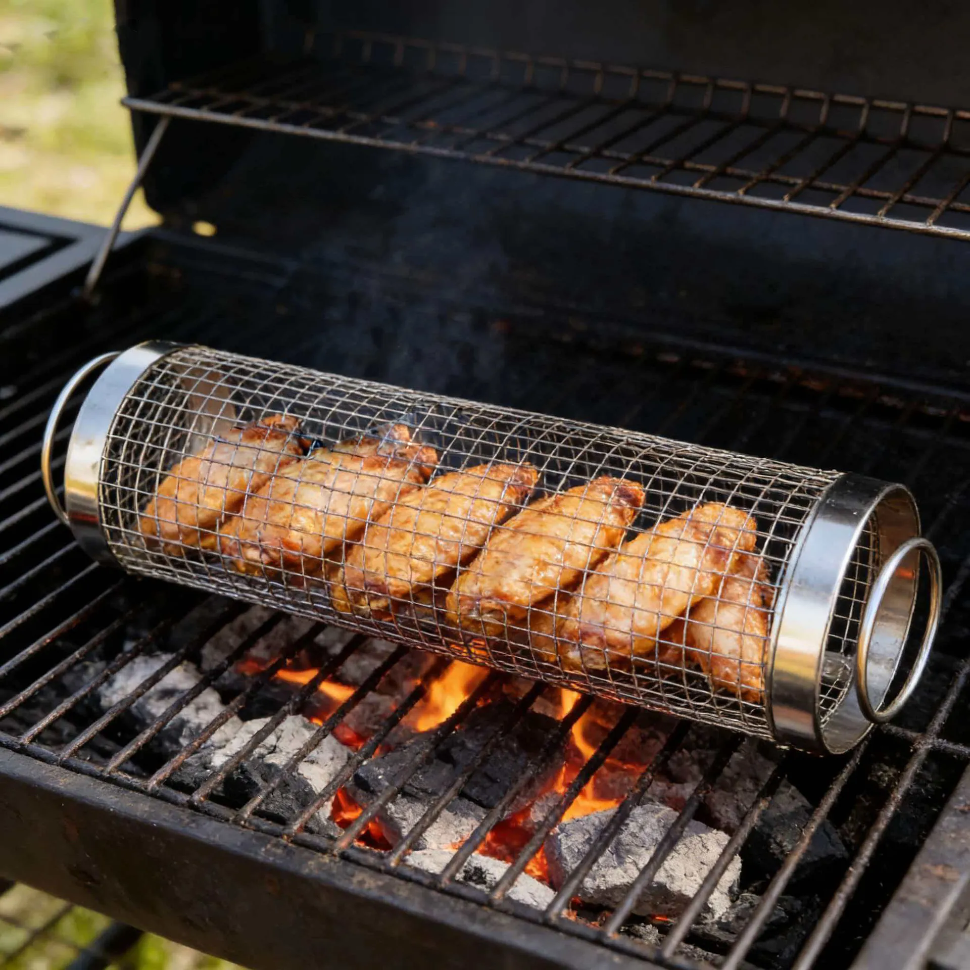 Rolling Grilling Basket Stainless Steel Mesh Cylinder BBQ Grill Basket Portable Outdoor Rotisserie Grill For Vegetables Meat Wings