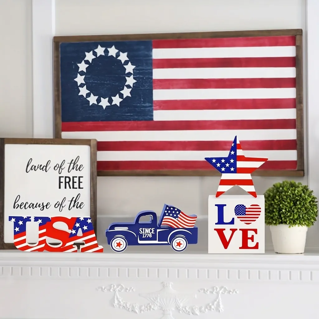 Juego Decoración Mesa Madera Día Independencia Letras USA Camión Azul Estrella Corazón Adornos 4 Julio Fiesta Patriótica