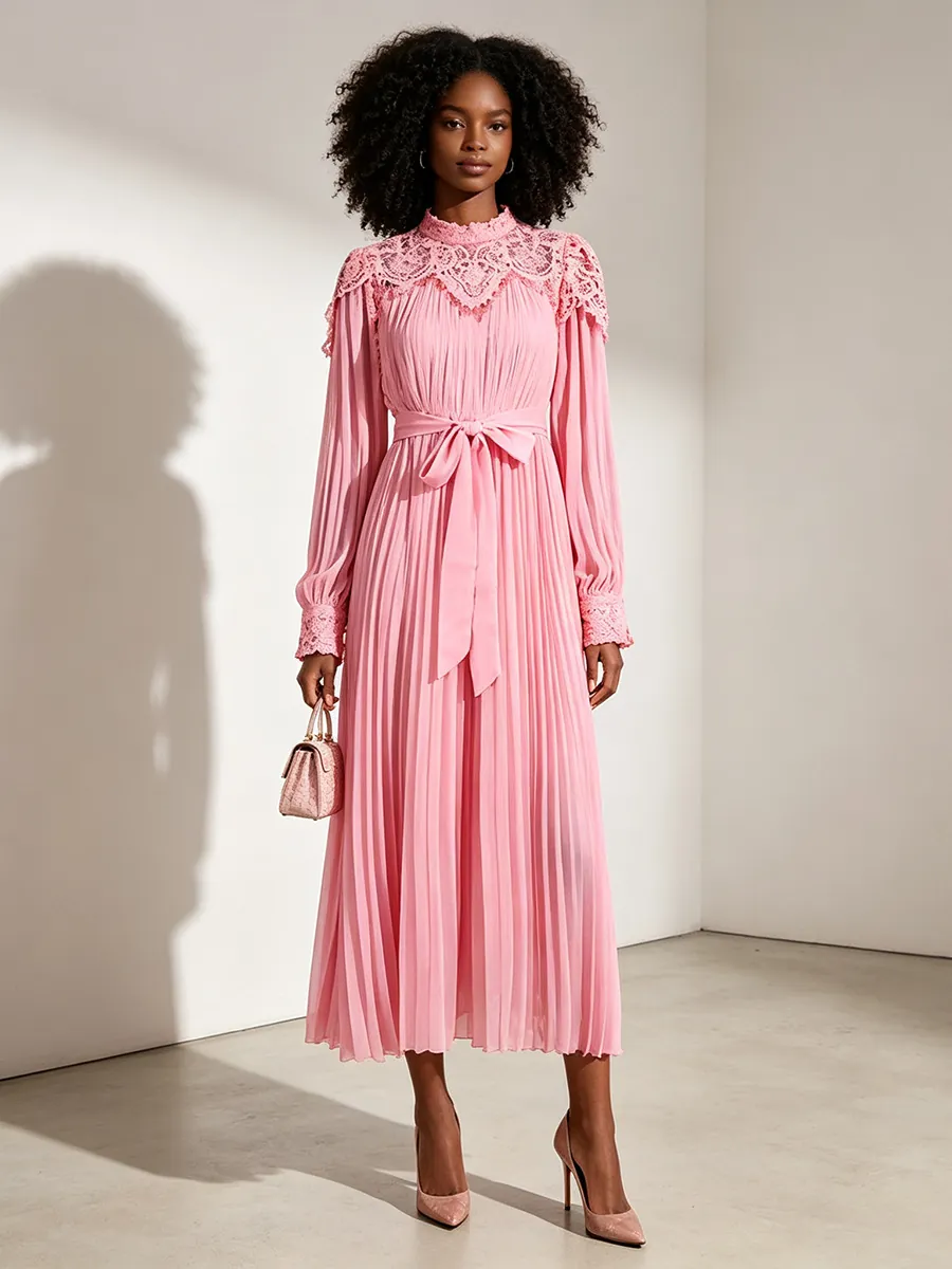 Robe Midi Plissée Vintage Col Montant Dentelle Élégante Manches Longues Couleur Unie Taille Nouée Polyester Coton Femme