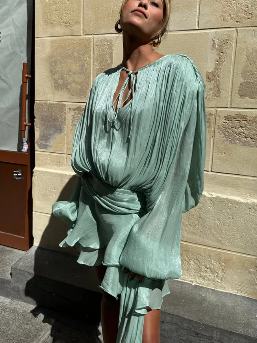 Women Sexy Lazy Style Tie-Up Bow Pleated Ruffle Mini Dress Long Sleeve Lantern Sleeve Solid Color Elegant Party Dress