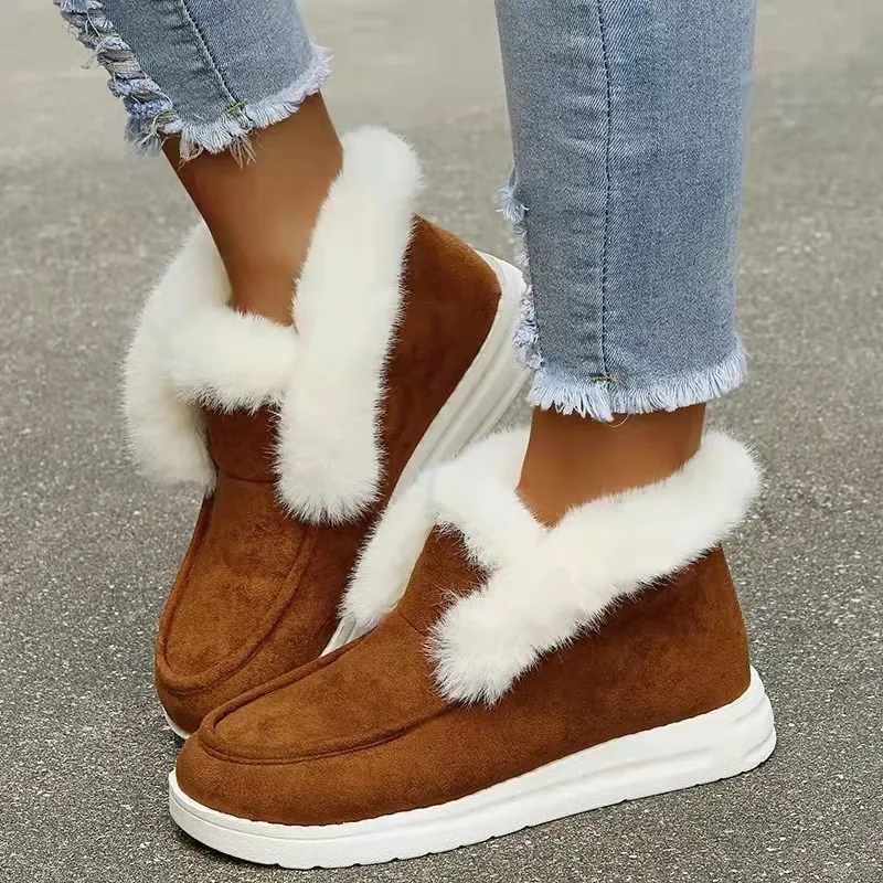Women Casual Suede Snow Boots Warm Artificial Short Plush Lining Winter Cotton Shoes Thick Sole Slip On Outdoor Ankle Boots