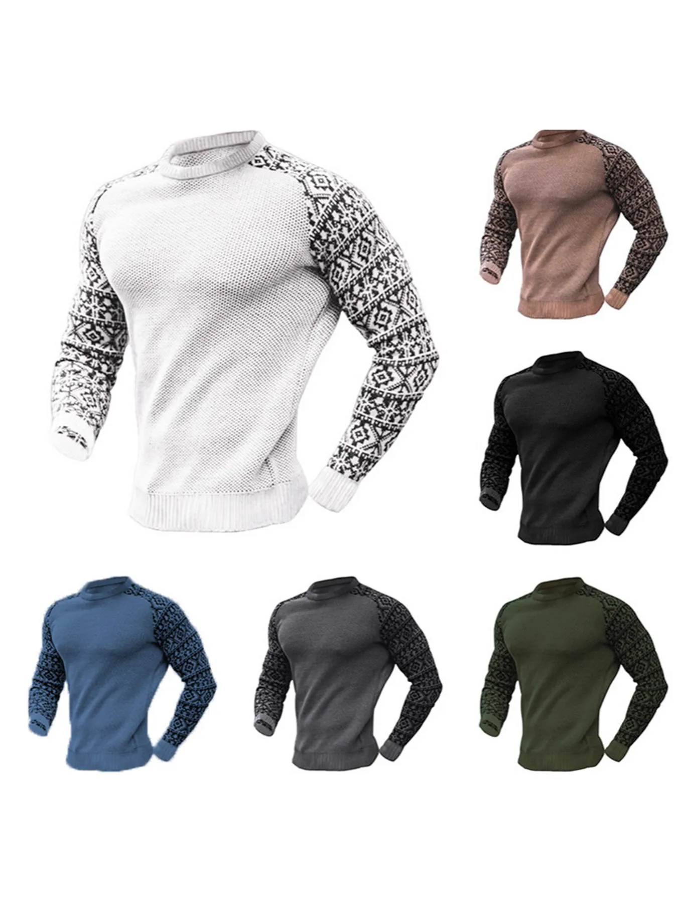 Herren Schweres Waffelstrick Langarm T-Shirt Casual Rundhals Top Ethnisch Geometrisches Muster Ärmel Patchwork Streetwear Herren Kleidung