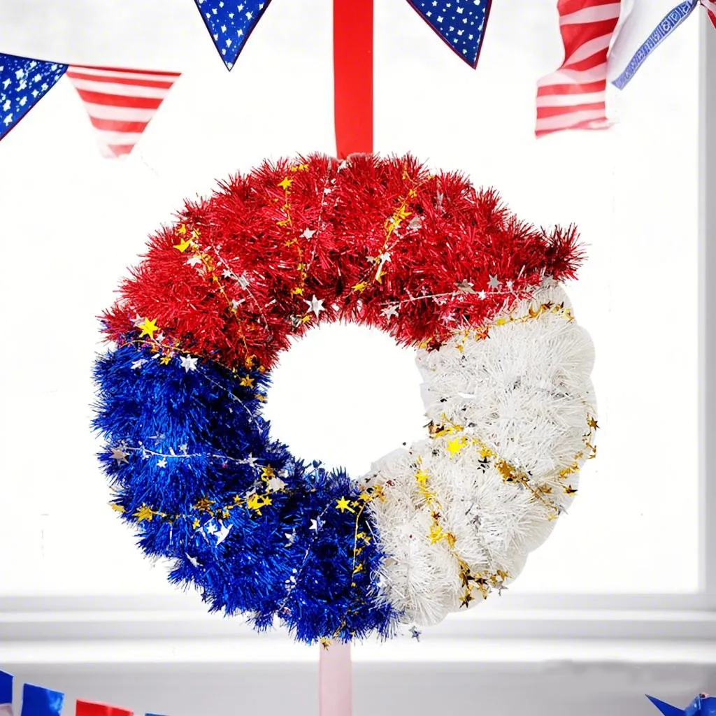 Couronne Patriotique Jour De L'Indépendance Guirlande Rouge Blanc Bleu Étoile Décoration Pour Fête 4 Juillet Ornement De Porte Maison
