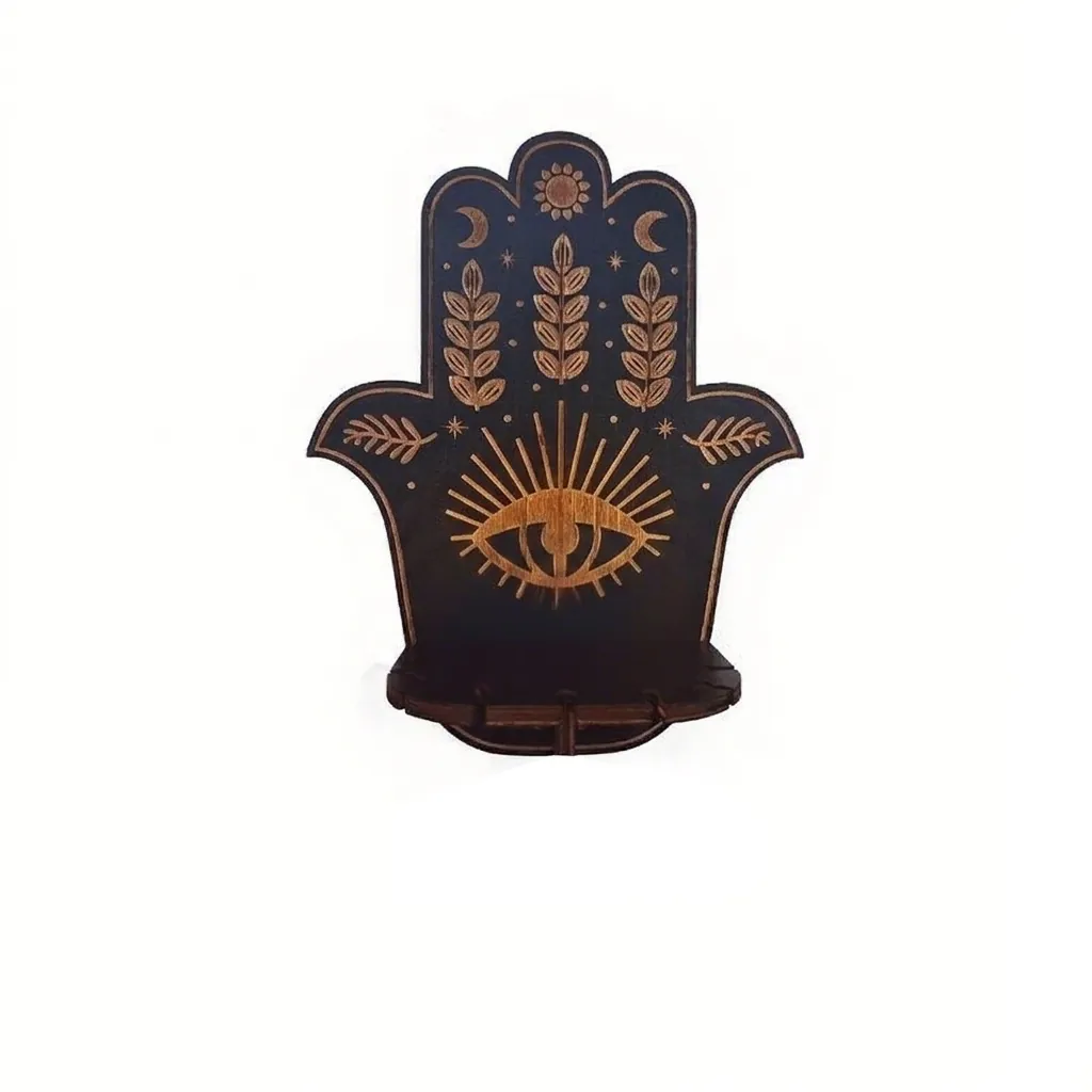 Étagère Murale en Bois Main de Fatima Bohème Lune Soleil Sculpté Bougeoir Suspendu Pour Méditation Décoration Murale