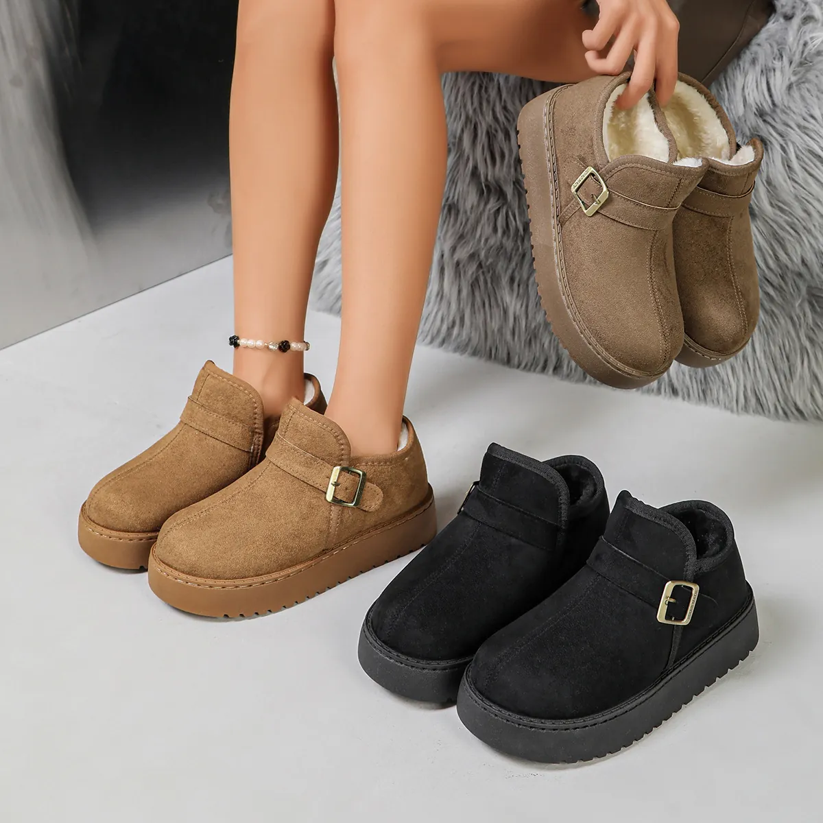 Stivali da Neve da Donna in Camoscio Caldo Peluche Artificiale Fodera Plateau Fibbia Slip-On Stivaletti Moda Casual Scarpe Invernali