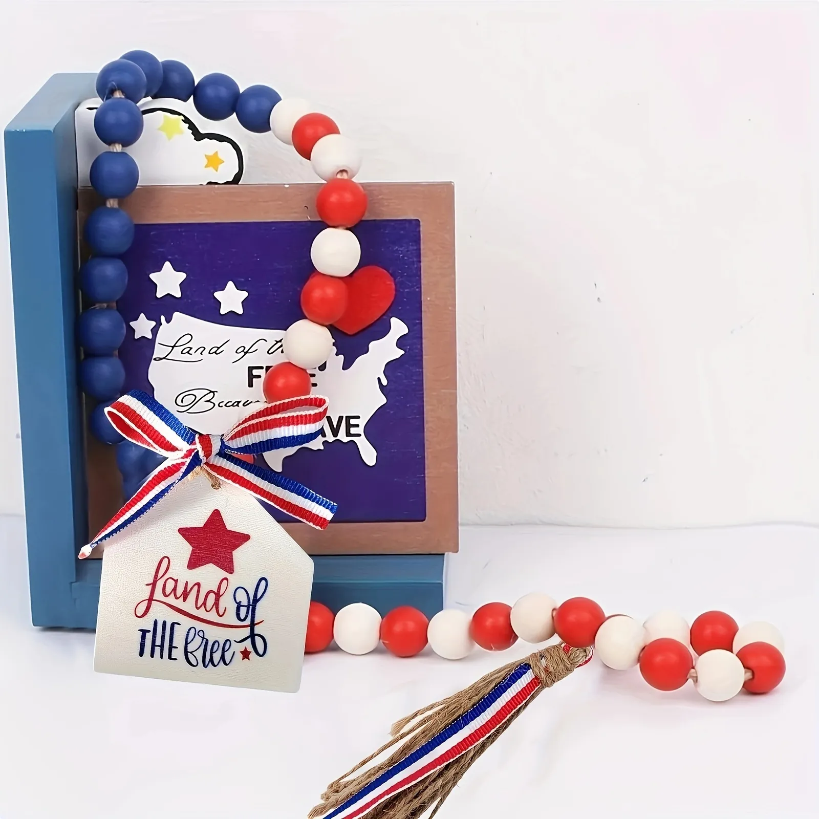 Giorno dell'Indipendenza Ghirlanda di Perline in Legno Rosso Bianco Blu Ghirlanda Patriottica Con Nappina per Decorazione 4 Luglio