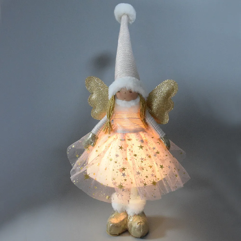 Süße Weihnachten Leuchtende Engel Mädchen Puppe Ornament Rosa Plüsch Stehender Engel Figur Goldene Flügel Home Holiday Dekor Geschenk