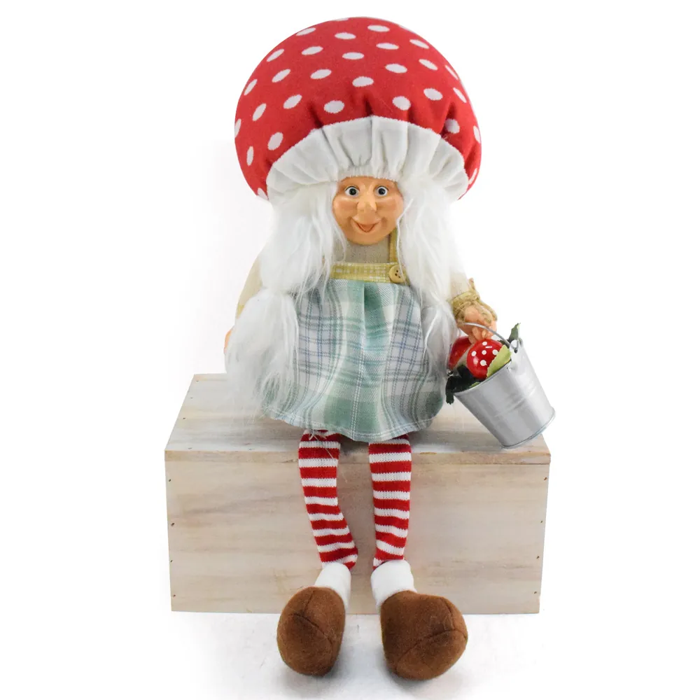 Poupée Gnome Champignon de Noël Visage en Résine Grand-mère Assise Nain Elfe Peluche Figurine Décoration Maison Fête