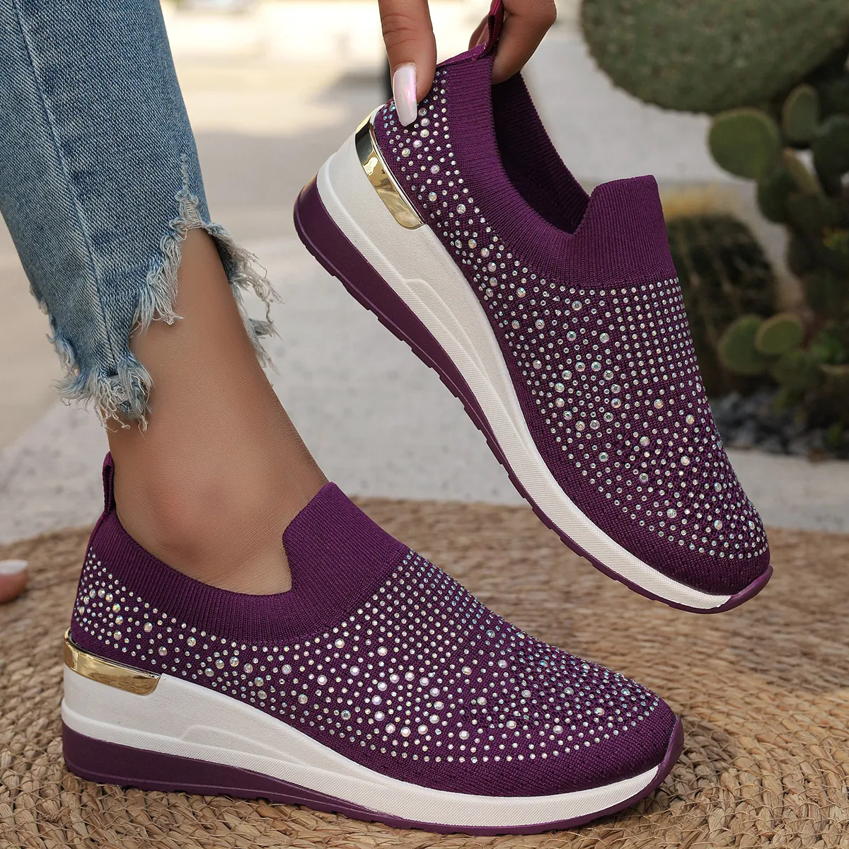 Zapatillas de Cuña de Moda para Mujer con Diamantes de Imitación y Lentejuelas Zapatos Casuales sin Cierre Plataforma Punta Redonda Zapatillas de Malla Transpirable para Uso Diario