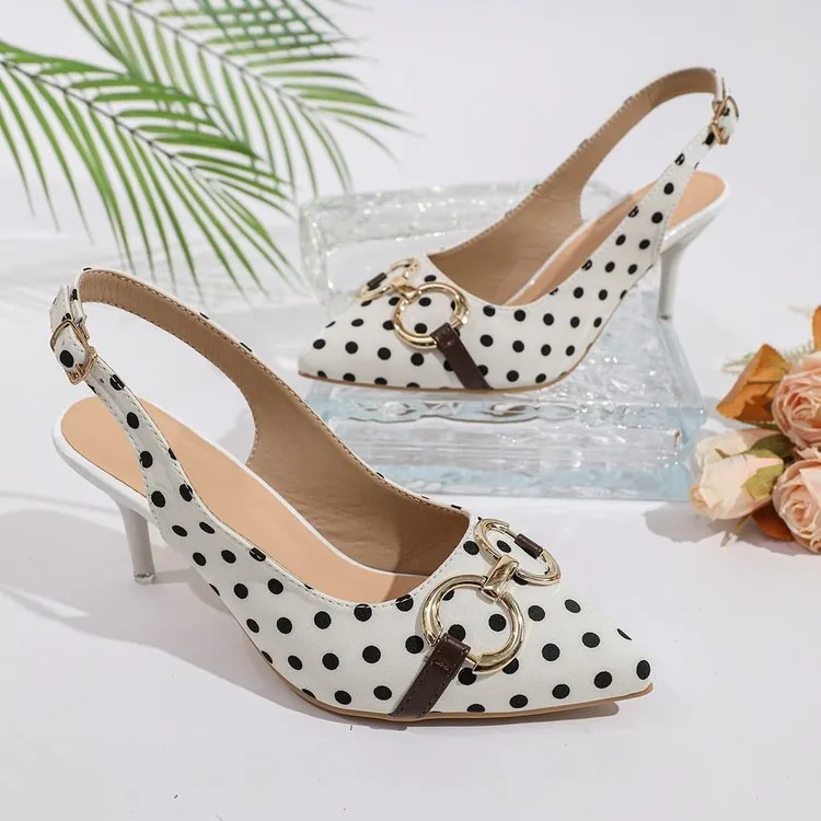 Sandalias Stiletto Destalonadas con Punta Estrecha de Estilo Vintage Francés para Mujer Zapatos de Moda de Verano con Tacón Alto de Lunares y Hebilla de Metal Dorado