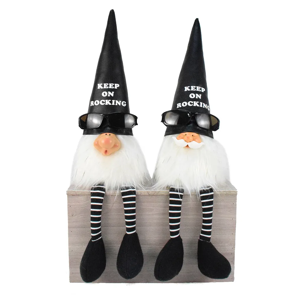 Rock Style Christmas Gnome Plush Decoration With Black Leather Hat Sunglasses Keep On Rocking Long Striped Leg Gnome Elf Sitting Doll For Home Holiday Table Ornament