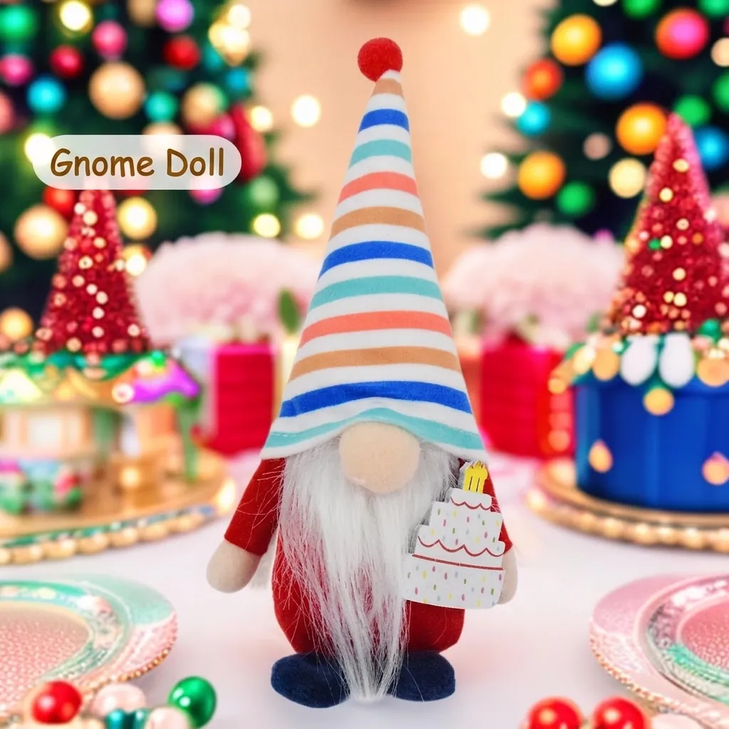 Handmade Faceless Gnome Plush Doll With Rainbow Striped Hat And Birthday Cake Creative Birthday Gift For Home Office Desktop Decor
