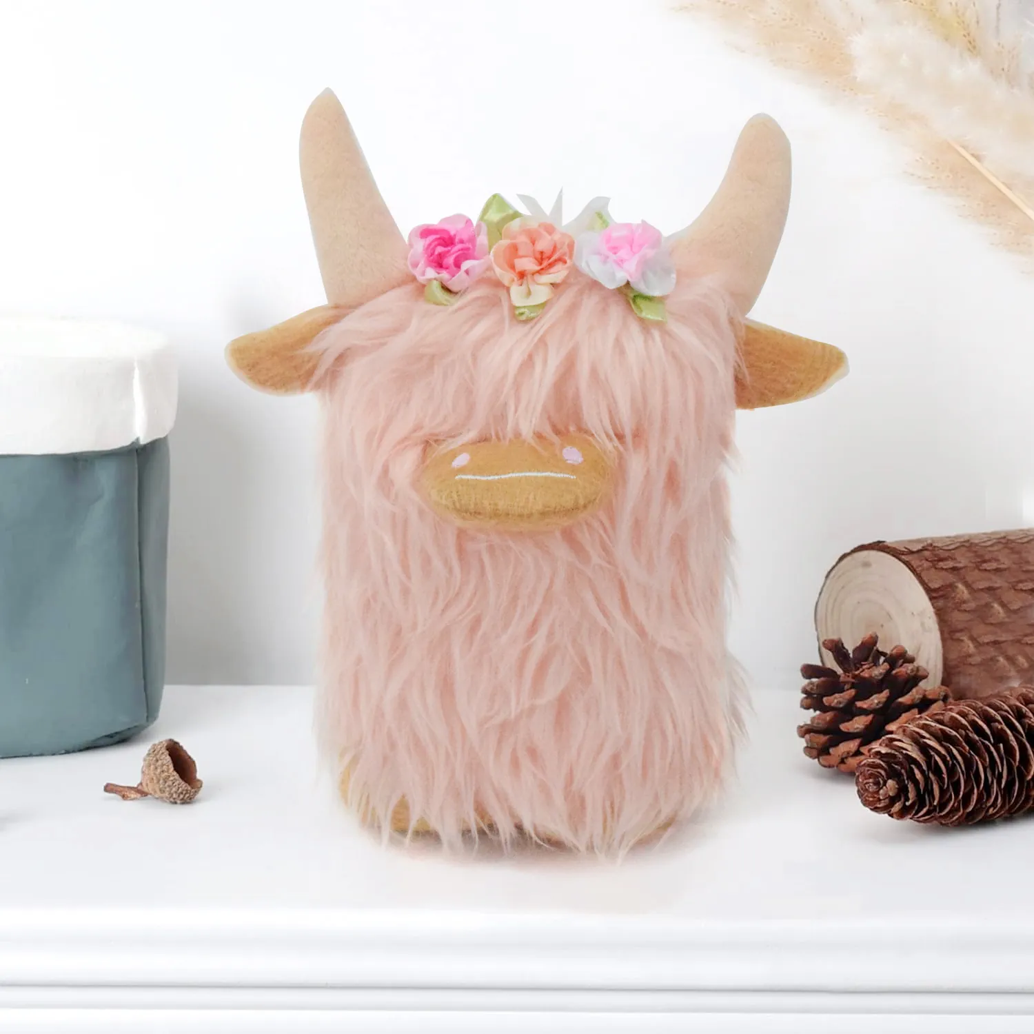 Nordic Style Highland Cow Plush Gnome Ornament Pink Long Hair Cow Doll With Floral Decor Soft Stuffed Animal Home Table Decor