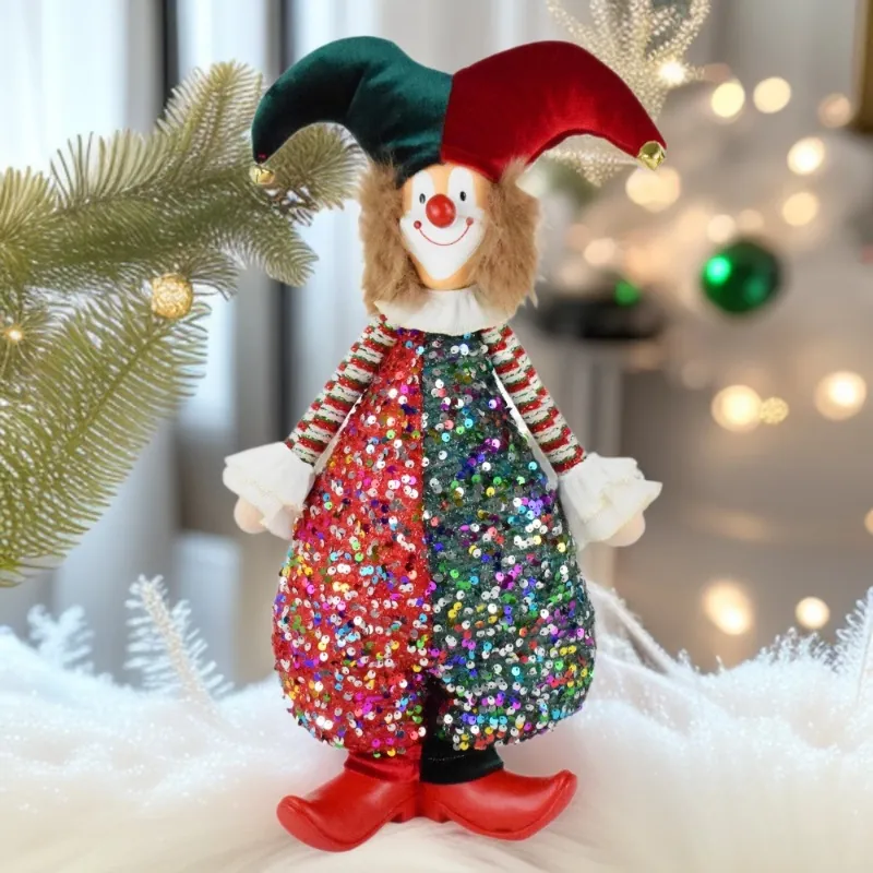 Adorno de Payaso Festivo con Lentejuelas Muñeco Bufón Estatua de Colección Decoración de Navidad Peluche con Campanas