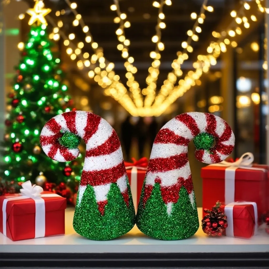 Red and White Striped Spiral Christmas Decorative Hat Set Glitter Tinsel Festive Table Ornament For Holiday Party Decoration