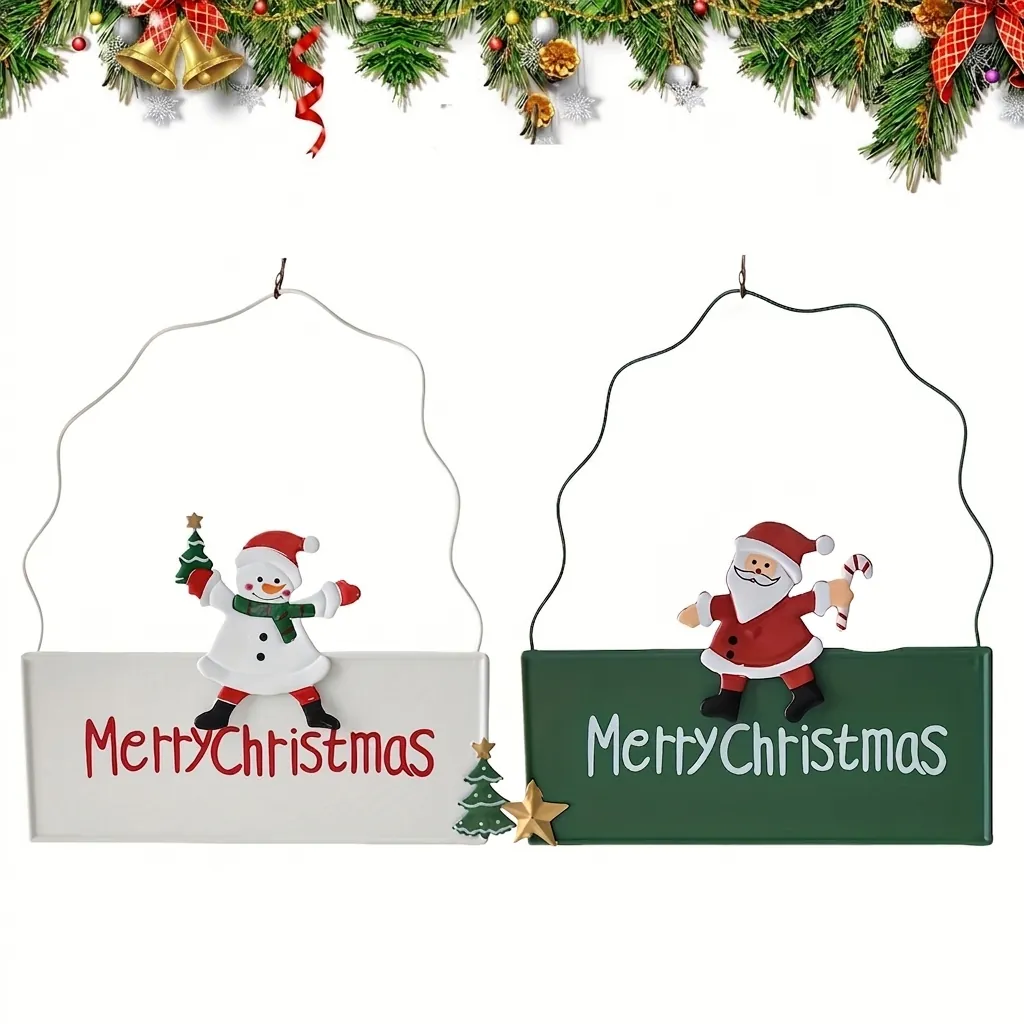 Plaque de Porte de Noël en Métal Père Noël Bonhomme de Neige Suspendue Intérieur Extérieur Porche Maison Mur Noël